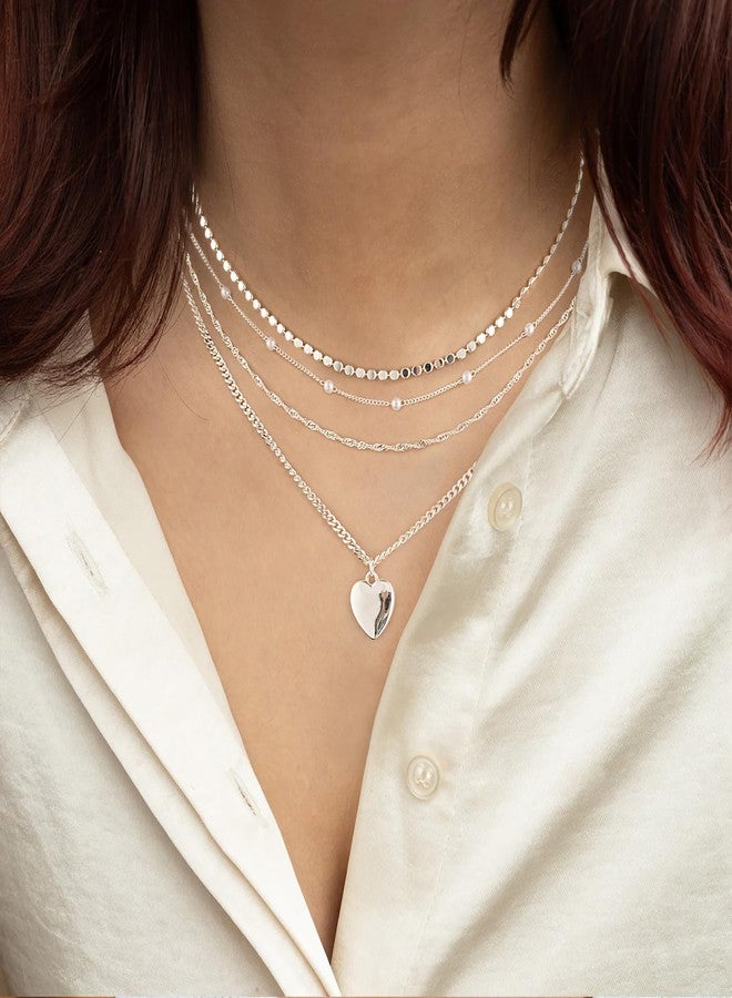 MFRYK Silver Necklaces Stack For Women,Sterling Silver Plated Simple Layered Choker Necklaces For Women,Stackable Multilayer Silver Cuban Peach Heart Pendant Wave Chain Sparkle Dot Choker Chain Small Pearl Layering Necklaces Set For Women Jewelry Gift for Women - Image 3